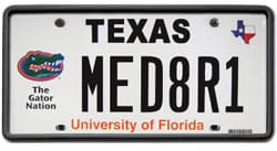 A texas license plate with the university of florida logo.