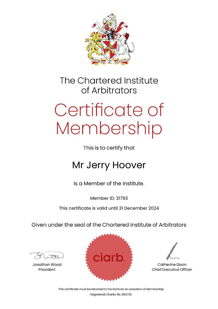 A certificate of membership for the chartered institute of arbitrators.